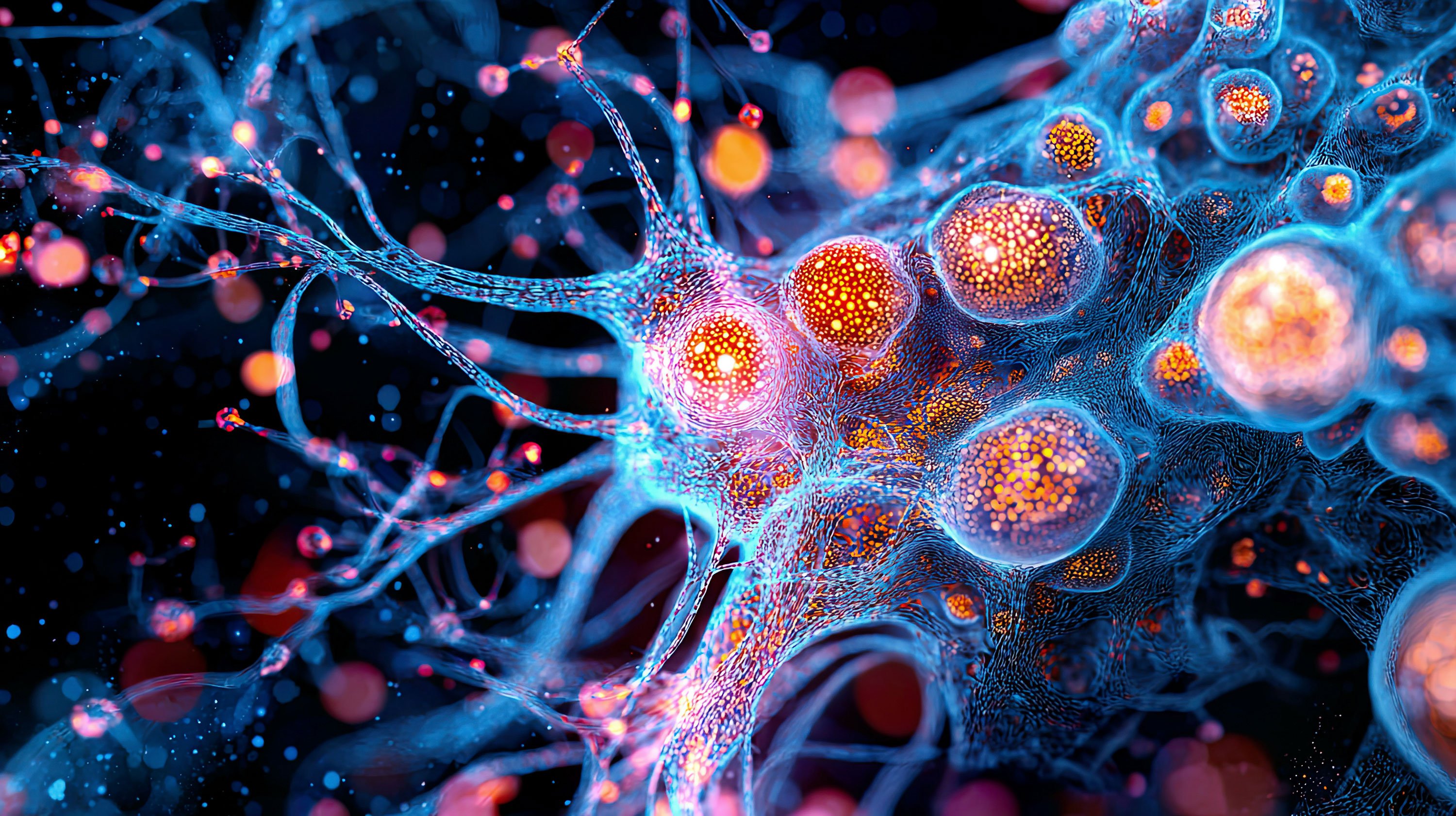 Detailed visualization of brain organoids with embedded AI and neural networks, representing organoid intelligence