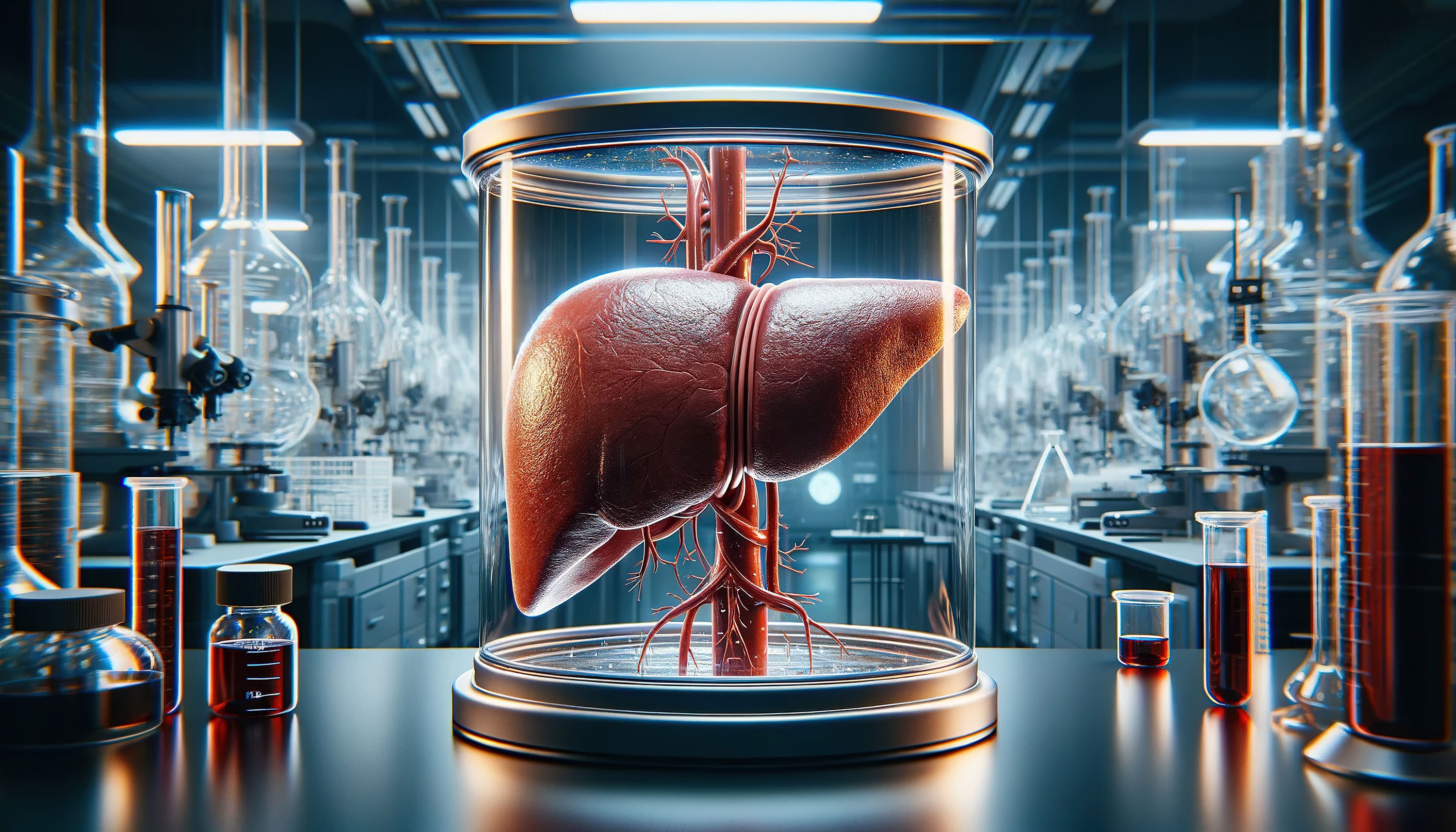 Liver model in a jar surrounded by vials and beakers