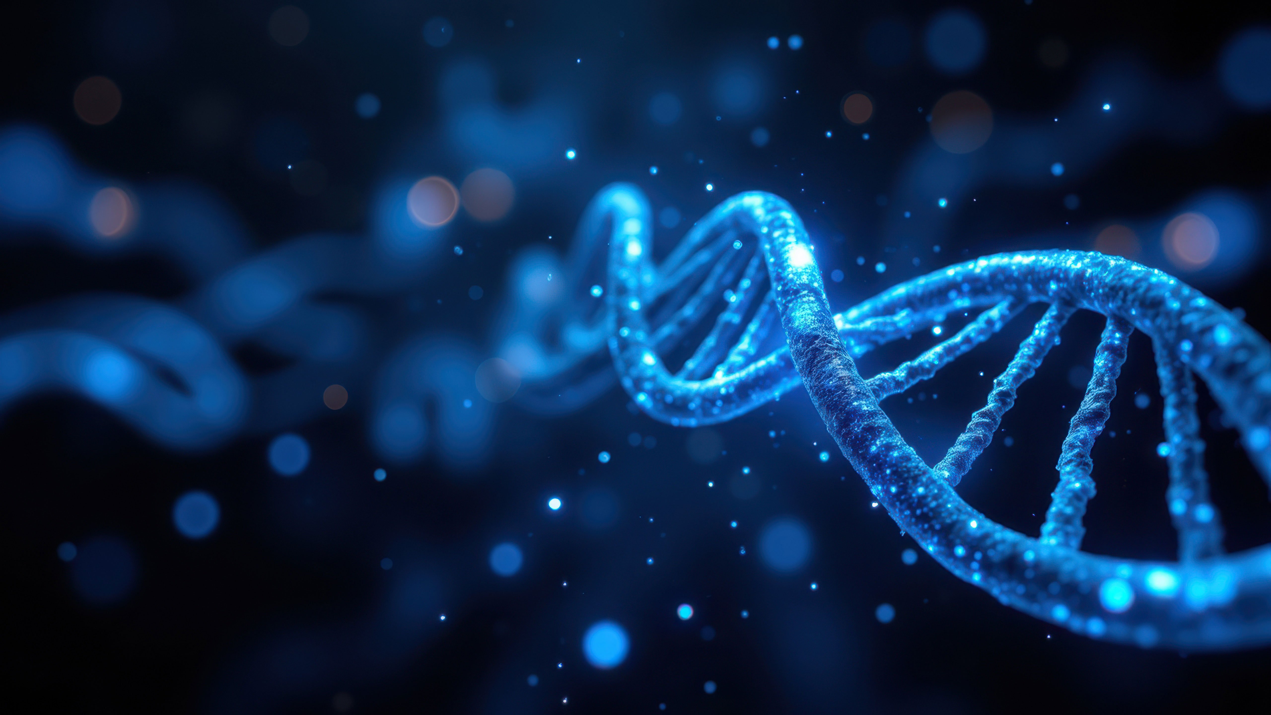 Image features a 3D rendering of a double helix structure with blue light emanating from its edges, symbolizing UMIS (Unique Molecular Identifiers) in the field of molecular biology.