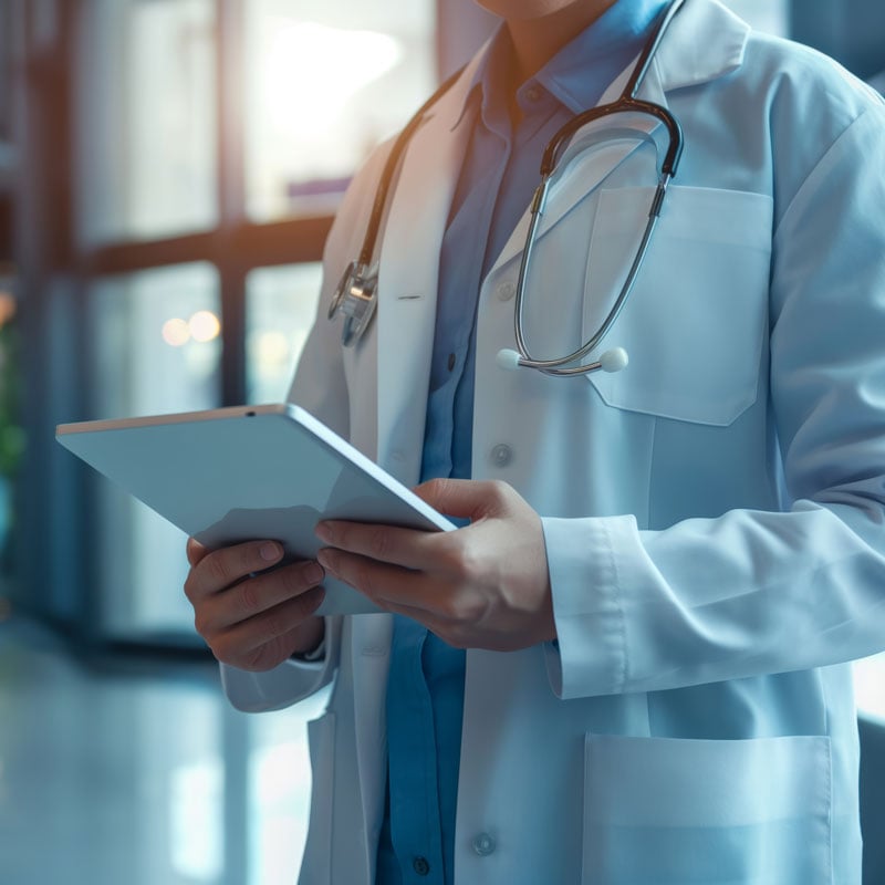Doctor in a modern hospital lobby using a digital tablet