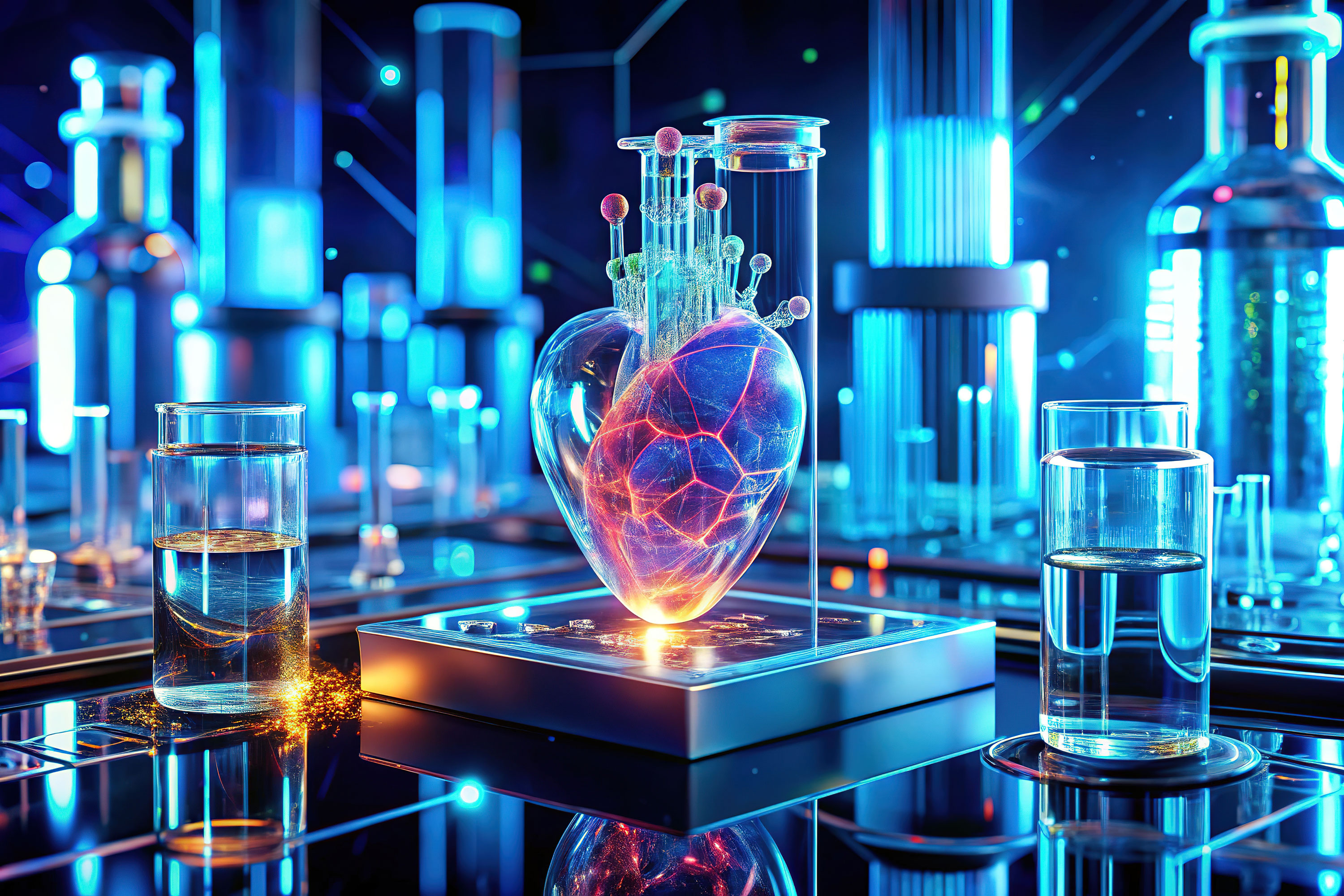3D heart model positioned between laboratory beakers and vials, illustrating a scientific context for anatomical study.