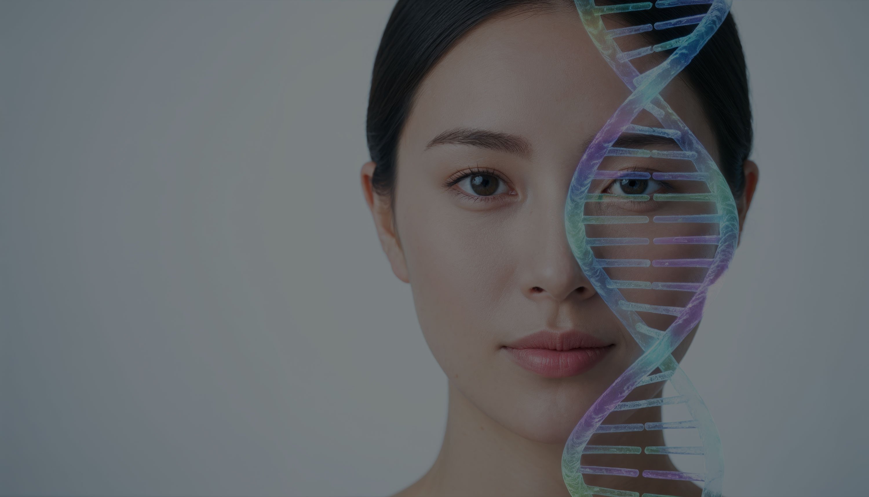 Porträt einer Frau, über das eine glühende DNA-Helix gelegt ist