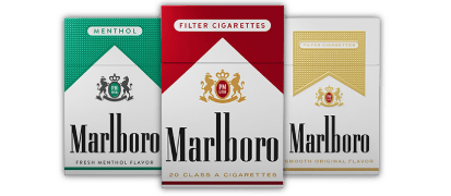 A pack of Marlboro Red, Marlboro Green and Marlboro Gold packs of cigarettes.