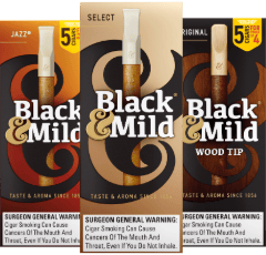 An image of three five-packs of Black & Mild cigars