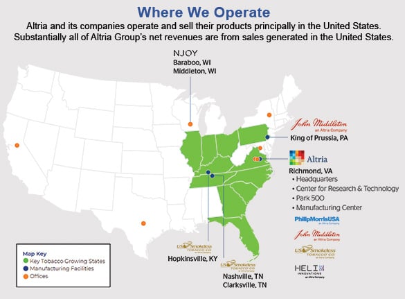 Map of the United States highlighting several southeastern and midwestern states in green, with labeled markers showing company office and manufacturing locations.