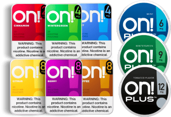 Assorted “on!” nicotine pouch containers arranged in a grid, each with a bold color and flavor label—including red (cinnamon), green (wintergreen), blue (mint), yellow (citrus), purple (berry), and orange (coffee)—alongside “on! PLUS” round cans in mint, wintergreen, and tobacco flavors; each container displays nicotine strength and a warning that the product contains nicotine.
