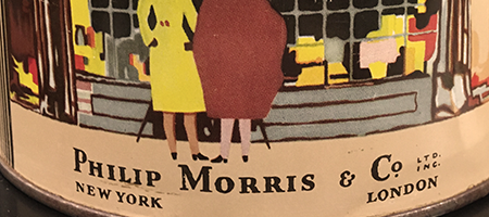 detail of vintage philip morris tobacco tin