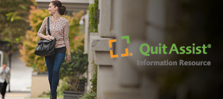 happy woman walking down sidewalk with quit assist logo
