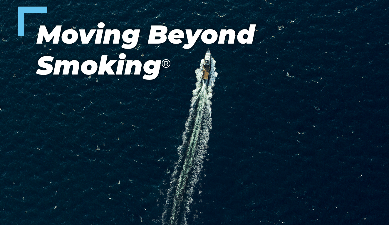 Boat travels across open water beneath the words “Moving Beyond Smoking,” illustrating a shift toward tobacco harm reduction.