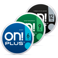 An image of three on! PLUS cans in 6, 9 and 12mg strengths