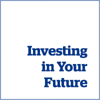 Blue bordered square with the words “Investing in Your Future” in white, centered horizontally and vertically bottom.