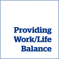 Blue bordered square with the words “Providing Work/Life Balance” in white, centered horizontally and vertically bottom.