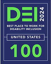 Disability Equality Top 100 Award – “DEI” in green and “Disability Equality Index” in blue above white words on a dark blue horizontal panel “Best Place To Work for Disability Inclusion”.