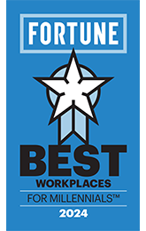 Best Workplace for Millennials Award – A bright slate blue rectangle with a white star with words in white and black for the Fortune and Great Place to Work award for Best workplaces for millennials