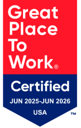Great Place to Work Award -- A red and dark blue colored pennant shape, white words “Great Place to Work” on a red background above white words “Certified Jun 2024 – Jun 2025 USA” on a dark blue background shaped with a down arrow point.