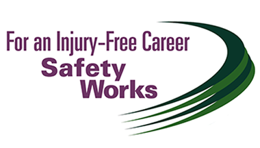 Safety Works logo - A half-circle with four layers in green with the words “For an Injury-Free Career Safety Works” on the left in purple