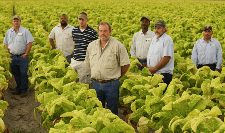 four tobacco farmers standing in a field of tobacco