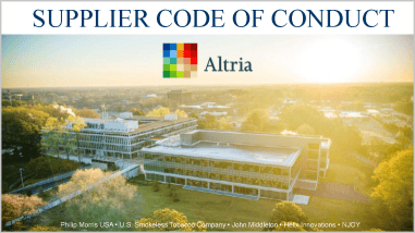 A photo of the Altria Supplier Code of Conduct with an image of the Altria Headquarters building on the cover