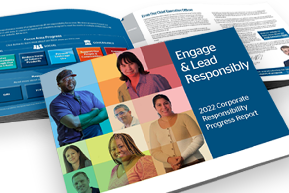 Engage & Lead 2022 CR Report image cover with a steel blue panel on the left with the title of the report and featuring head shots of employees stationed within the Altria mosaic of the company logo and an open copy of the report behind.
