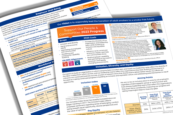 2023 People & Communities Snapshot image - Two-page designed factsheet with a dark blue banner at the top with top page featuring two quotes and headshots of a white female and a white male.
