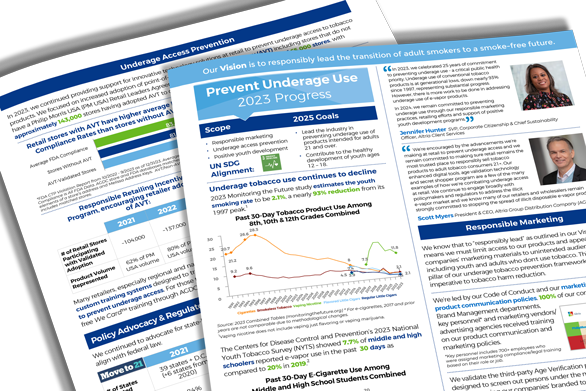 2023 Prevent Underage Use Snapshot image - Two-page designed factsheet with a dark blue banner at the top with top page featuring two quotes and headshots of a black female and a white male.