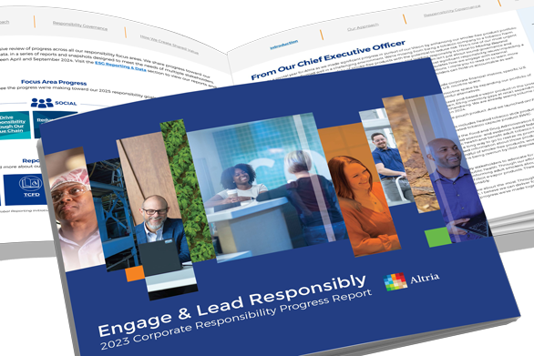 Engage & Lead corporate responsibility report book cover - a background of royal blue with six vertical images of people working in different jobs and the name of the book and company logo below