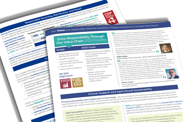 Our Value Chain Snapshot image - Two-page designed factsheet with a dark blue banner at the top with top page featuring two quotes and headshots of a white female and a black male.