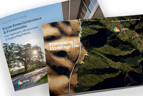 Preventing Underage Use section of the Focus Areas Governance & Frameworks report featuring a road dividing a desert from green mountains and an open copy of the report below