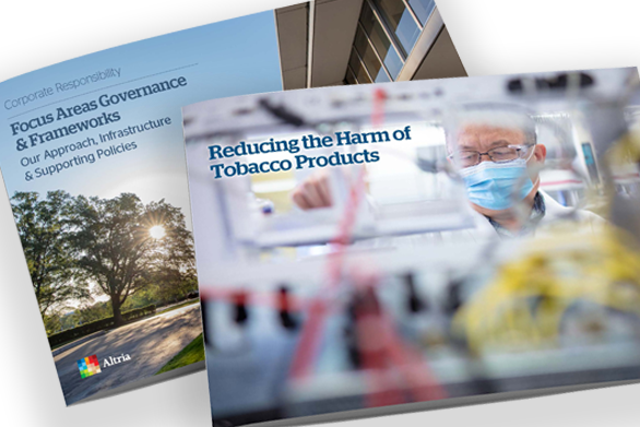 Reducing the Harm of Tobacco Products section of the Focus Areas Governance & Frameworks report showing a close-up of a masked scientist with glasses in a lab and an open copy of the report below