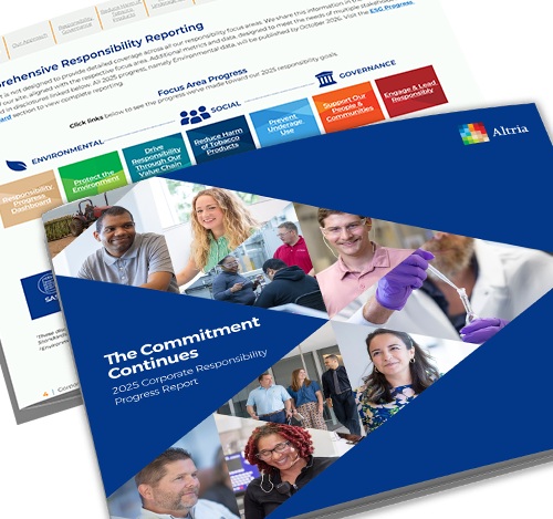 A collage of the cover of the 2025 Corporate Responsibility report with an open page that shows Altria's focus areas.