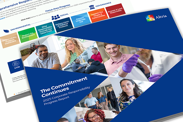 A collage of the cover of the 2025 Corporate Responsibility report with an open page that shows Altria's focus areas.