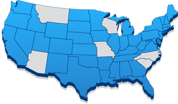 Map of the landed United States with most of the states colored in blue and some in grey.