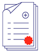 Document Icon of a stack of papers in white outlined in dark blue with a red seal on the bottom right