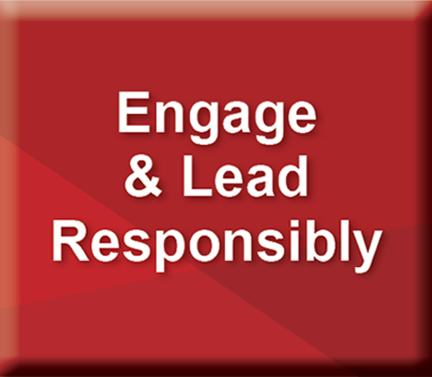 Engage & Lead Responsibly  image - a geometric patterned square button in three shades of red with white words