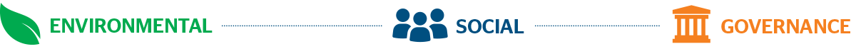 Horizontal legend for Environment Social Governance (ESG) with a leaf icon and the word “Environment” in green; three people icon and the word “Social” in blue and a building icon and the word “Governance” in orange
