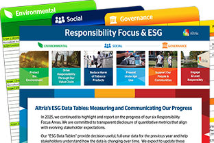 ESG Tables Image - Four-page designed factsheet with banners at the top in dark blue, lime green “Environment”, blue “Social” and orange “Governance” for the Responsibility Focus Areas and ESG.