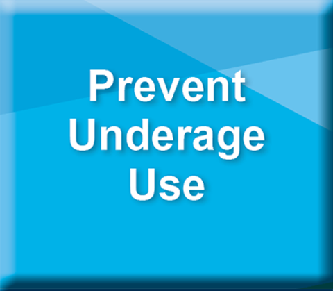 Prevent Underage Use image - a geometric patterned square button in three shades of light blue with white words