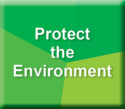 Protect the Environment image - a geometric patterned square button in three shades of green with white words