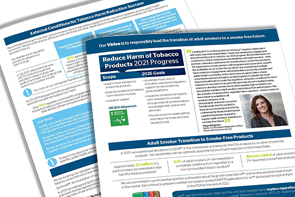 Reduce Harm 2021 Snapshot - Two-page designed factsheet with white words in a dark blue banner at the top with top page featuring a white woman with shoulder-length brown hair in a dark blue V-necked blouse.