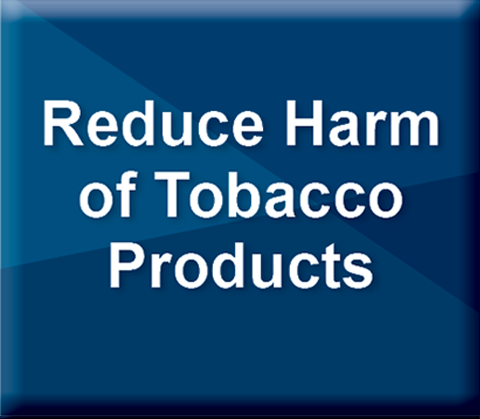 Reduce the Harm of Tobacco Products image - a geometric patterned square button in three shades of blue with white words