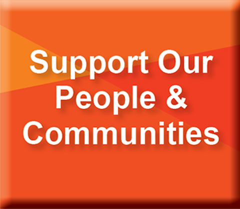 Support Our People & Communities image - a geometric patterned square button in three shades of orange with white words