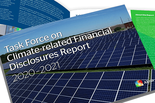 Report Cover of the “2020-2021 Task Force on Climate-related Financial Disclosures Report” featuring a picture of a solar plant with a blue sky overhead and the report title in white