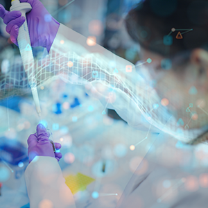head and hands in purple gloves of a scientist holding a test tube and syringe under a wave of lights and colorful dots showing active thinking.