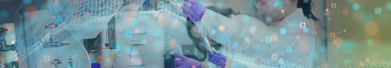 asian female scientist wearing purple gloves and holding a test tube and syringe in a lab under a wave of lights and colorful dots showing active thinking.