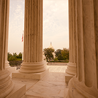 Sepia toned image of marble columns with green trees in the distance.