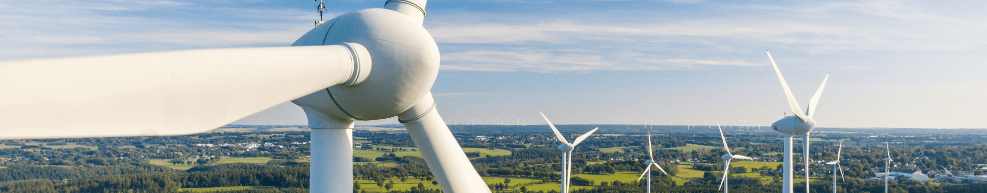 Wind turbines across green fields and forest beneath a blue sky.