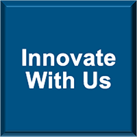 Dark blue beveled square with the words “Innovate With Us” in white, centered horizontally and vertically.