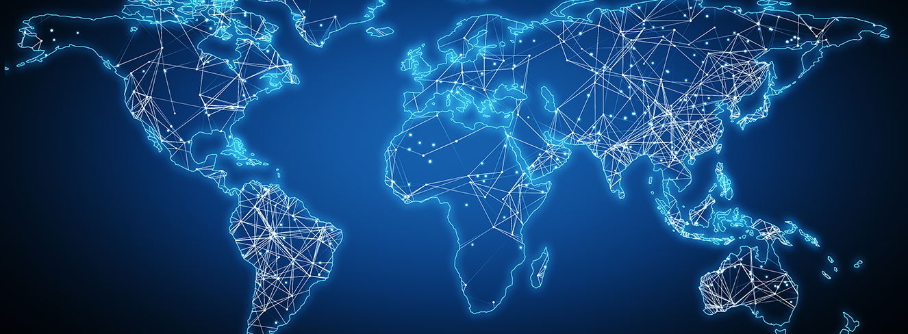 Map of the world in shades of blue, showing points in white connected by white lines