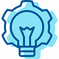 Dark blue outline of a shining lightbulb with a solid turquoise shadow of the objects behind.