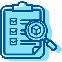 Dark blue outline of a checklist on a clipboard and a magnifying glass showing a box shape with a solid turquoise shadow of the objects behind.
